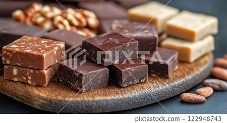 Luxurious platter of assorted chocolate fudge flavors, rich and indulgent 122948743