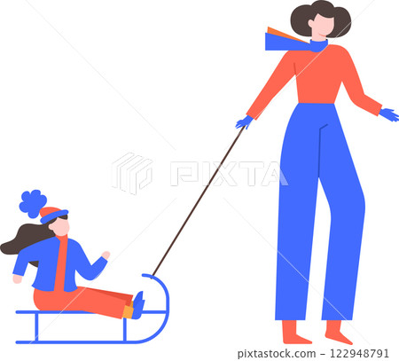 Illustration of a woman pulling a child on a sled. Both are dressed warmly for winter, enjoying outdoor activity. The scene captures the joy and simplicity of winter fun Illustration of a woman pulling a child on a sled. Both are dressed warmly for winter, enjoying outdoor activity. The scene captures the joy and simplicity of winter fun 122948791