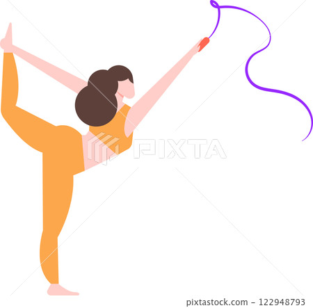 Young woman gymnast performing rhythmic gymnastics with a ribbon, balancing on one leg and bending her body in a complex pose, showcasing flexibility, strength, and grace 122948793