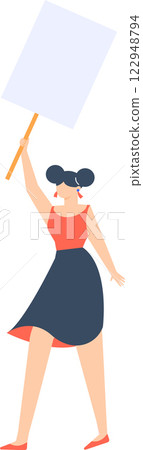 Young woman holding a blank banner passionately protesting for human rights and freedom, actively participating in a peaceful demonstration alongside a diverse group of supporters 122948794