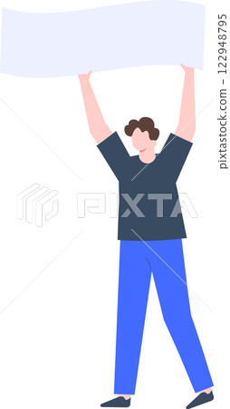 Young man holding a blank banner is participating in a peaceful demonstration for human rights and freedom of speech, political meeting or parade participation 122948795