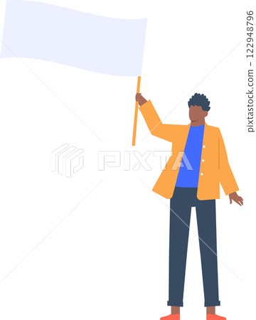 Illustration of a person participating in a peaceful protest. The individual is holding a blank banner, symbolizing activism and freedom of expression. The scene captures a moment of advocacy 122948796