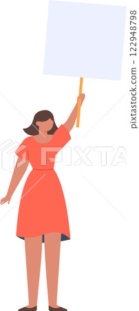 Illustration of a woman confidently holding a blank protest sign. She stands assertively, symbolizing activism and participation in peaceful demonstrations for social change 122948798