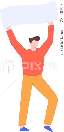 Young man holding empty banner protesting for human rights, freedom of speech and demonstrating against injustice and fighting for equality, vector illustration 122948799