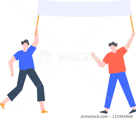 Two activists energetically holding a blank banner, symbolizing unity and protest. The illustration captures the essence of peaceful demonstration, with a focus on collaboration and purpose 122948806