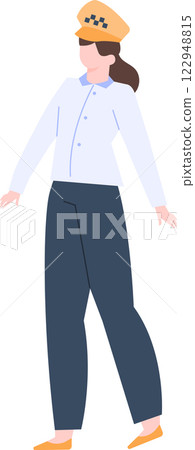 Professional woman taxi driver walking confidently in her uniform, featuring a crisp white shirt and dark blue trousers, topped off with a vibrant orange cap Professional woman taxi driver walking confidently in her uniform, featuring a crisp white shirt and dark blue trousers, topped off with a vibrant orange cap 122948815