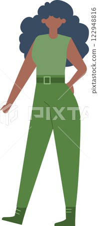 Confident African American soldier woman in uniform, pointing her finger assertively, showcasing strength and leadership in a vector illustration isolated on a white background 122948816