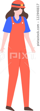 Full body illustration of a female construction worker wearing red overalls, a blue short sleeved shirt and a protective helmet, showcasing a professional in the construction industry Full body illustration of a female construction worker wearing red overalls, a blue short sleeved shirt and a protective helmet, showcasing a professional in the construction industry 122948817