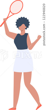 Young woman tennis player wearing a stylish white skirt and a dark sleeveless top, serving powerfully during an intense tennis match on the court Young woman tennis player wearing a stylish white skirt and a dark sleeveless top, serving powerfully during an intense tennis match on the court 122948820