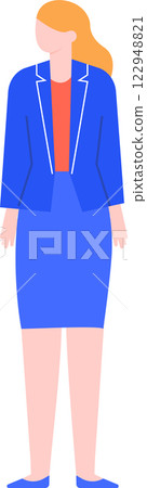 Businesswoman wearing blue suit and skirt standing in relaxed pose, full body view of professional female worker, simple flat vector illustration isolated on white background Businesswoman wearing blue suit and skirt standing in relaxed pose, full body view of professional female worker, simple flat vector illustration isolated on white background 122948821