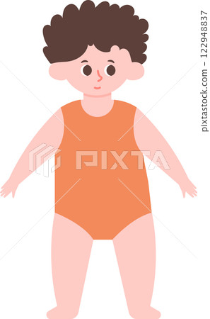Full length vector illustration of a cute toddler with curly hair wearing an orange bodysuit, standing with open arms, isolated on a white background, perfect for childcare or parenting projects Full length vector illustration of a cute toddler with curly hair wearing an orange bodysuit, standing with open arms, isolated on a white background, perfect for childcare or parenting projects 122948837