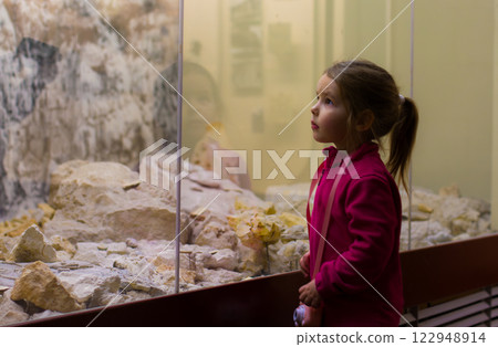 The child is in the museum. A little girl watches fossils behind the glass, learning about prehistoric life during a visit to the museum, contributing to a curiosity and interest in history. 122948914
