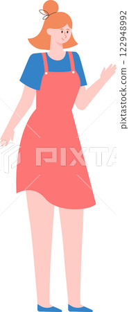 Full length vector illustration of a cheerful young woman with red hair tied in a bun, wearing a blue t shirt and a pink overall dress, waving her hand in greeting or saying goodbye Full length vector illustration of a cheerful young woman with red hair tied in a bun, wearing a blue t shirt and a pink overall dress, waving her hand in greeting or saying goodbye 122948992
