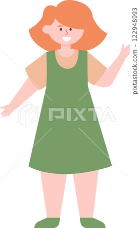 Full length vector illustration featuring a young woman with vibrant red hair, wearing a cheerful green apron, smiling and waving happily with her hand raised in a friendly greeting 122948993
