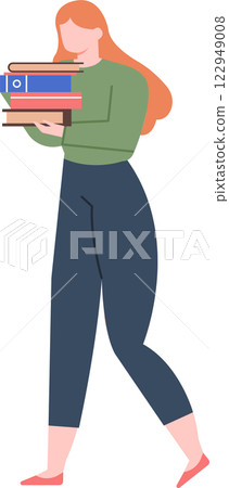 Young woman with long red hair is walking and carrying a stack of various books, enjoying reading and literature, perfect for education and knowledge concepts 122949008