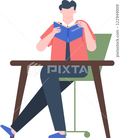 Concentrated male student or worker is sitting at the table and reading a book, preparing for the exam or improving his knowledge, studying or working concept, vector illustration 122949009