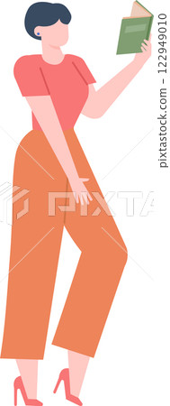 Young woman standing gracefully in elegant attire, engrossed in reading a book, embodying the essence of literature and education in a vibrant vector illustration 122949010