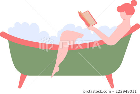 Woman enjoying a soothing bath filled with foam, immersed in a captivating book, embodying the essence of self care, relaxation, and leisure in the comfort of home 122949011