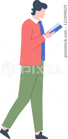 Young man is walking while engrossed in reading a book, potentially a student or a book lover, showcasing the concept of mobile learning, enjoying literature, and self improvement 122949025