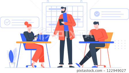 Business team working together in a coworking space, planning and using laptops near a manager holding a tablet and a wall calendar, with checkmarks indicating completed tasks 122949027