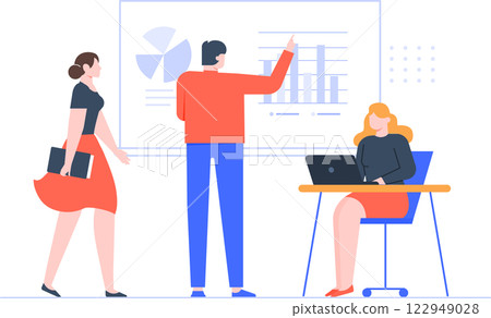 Business team working together analyzing graphs and charts during a meeting, explaining strategy and projects using a laptop, brainstorming and sharing ideas in the office 122949028