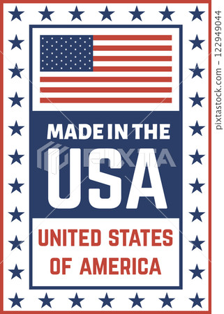 Vertical label featuring the American flag, the text Made in the USA and United States of America, and a decorative border of stars, evoking patriotism and American made products 122949044
