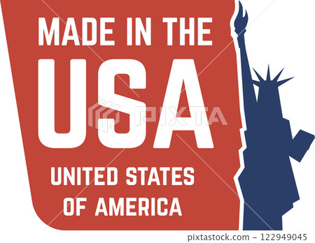 Red and blue vector illustration of a made in the USA label with Statue of Liberty silhouette, celebrating american products and national pride 122949045