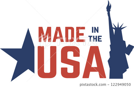 Illustration featuring the iconic Made in the USA label, accompanied by a stylized silhouette of the Statue of Liberty and a bold star, symbolizing American patriotism and craftsmanship 122949050