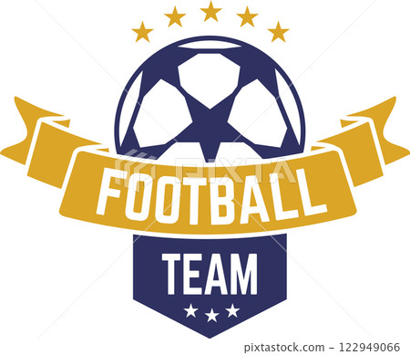 Football team logo design featuring a dynamic ball adorned with a gold ribbon banner and stars, perfect for enhancing sports branding and promoting merchandise 122949066