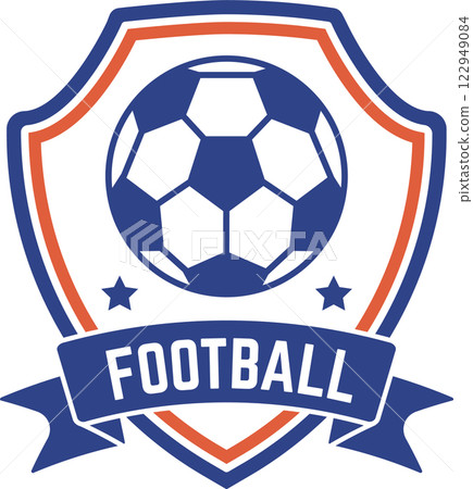 Displaying a football club logo featuring a ball and ribbon banner, adorned with two five pointed stars, set against a clean white background 122949084