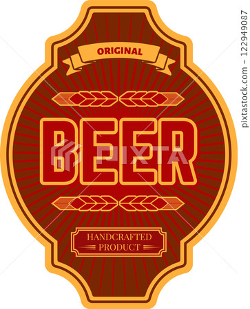 Vintage red and gold label showcasing handcrafted beer, featuring intricate ears of wheat and a striking sunburst design, perfect for enhancing branding and packaging Vintage red and gold label showcasing handcrafted beer, featuring intricate ears of wheat and a striking sunburst design, perfect for enhancing branding and packaging 122949087
