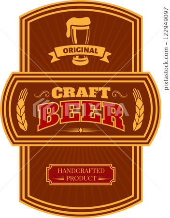 Brown and gold vintage label showcasing original craft beer, highlighting a full beer glass alongside wheat stalks and featuring the words handcrafted product in elegant typography 122949097