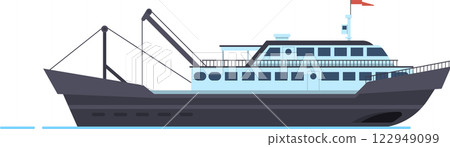 Fishing trawler boat sailing across the sea, serving the seafood industry as a commercial shipping vessel. Isolated vector illustration depicting a maritime scene with modern design elements 122949099