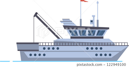 Large modern fishing boat sailing on the sea, commercial fishing ship with crane for seafood industry, side view vector illustration isolated on white background 122949100