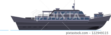 Large gray military patrol boat sailing across the ocean, showcasing a detailed side view of a modern warship equipped with advanced radar and communication antennas for enhanced navigation 122949115