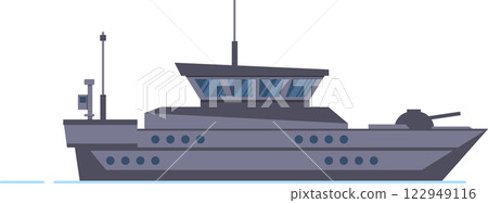 Powerful warship navigating on calm waters, featuring advanced radar technology and a mounted cannon, representing naval defense and maritime security Powerful warship navigating on calm waters, featuring advanced radar technology and a mounted cannon, representing naval defense and maritime security 122949116