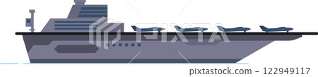 Military aircraft carrier sailing through the ocean, featuring fighter jets parked on the deck, symbolizing naval power and military defense capabilities 122949117