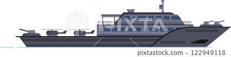Side view of a large military landing helicopter dock - LHD - ship carrying two helicopters, featuring guns on the deck and a superstructure with windows and a helicopter deck 122949118