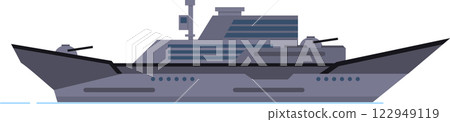 Modern warship sailing on calm sea, featuring cannons, radar antennas, and advanced technology, representing naval military power and maritime defense 122949119