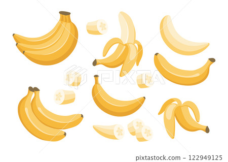 Banana set. Banana icons, half peeled and slice banana, bunch of bananas. Exotic sweet desserts.Tropical fruits illustration 122949125