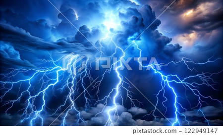 Bright electric storm with crisscrossing lightning bolts 122949147