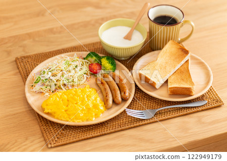 Western-style breakfast served on a table 122949179