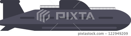 Displaying a side view of a gray military submarine navigating through a white background, emphasizing its sleek design and advanced technology in maritime defense and warfare 122949209