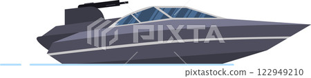 Side view of a modern military patrol boat sailing fast on the water, equipped with a machine gun, representing navy, coast guard, or maritime security operations 122949210