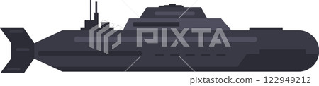 Stealthy military submarine navigating underwater, representing naval defense, maritime power, and underwater warfare technology, with periscope and communication antennas visible above the surface 122949212