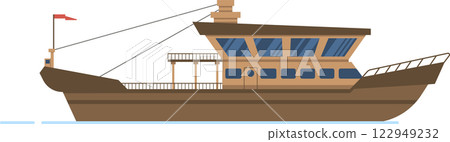 Illustration of a modern yacht featuring a sleek design, large windows, and a spacious deck. The vessel is depicted with a brown hull and a red flag, floating on calm blue water 122949232