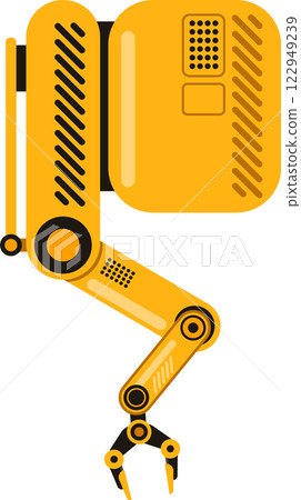 Yellow robotic arm designed for industrial automation. Featuring multiple joints. A gripping claw. And advanced technological components. Enhancing efficiency and precision in manufacturing processes Yellow robotic arm designed for industrial automation. Featuring multiple joints. A gripping claw. And advanced technological components. Enhancing efficiency and precision in manufacturing processes 122949239