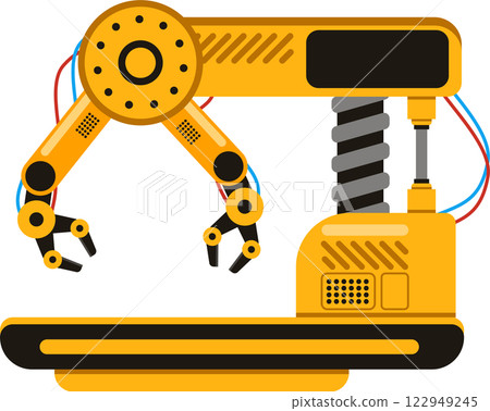 Robotic arm handling machine operating in a factory setting represents modern industrial automation and advanced manufacturing processes, enhancing efficiency and productivity in production lines 122949245