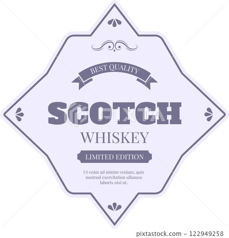 Vintage purple label for a limited edition best quality scotch whiskey, featuring elegant decorative elements and classic typography, conveying tradition, exclusivity, and premium craftsmanship Vintage purple label for a limited edition best quality scotch whiskey, featuring elegant decorative elements and classic typography, conveying tradition, exclusivity, and premium craftsmanship 122949258