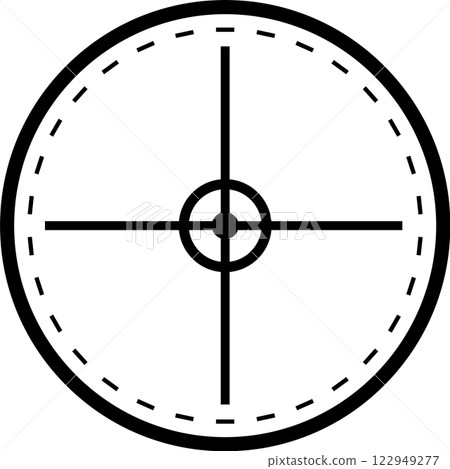 Black and white sniper aim pointer symbolizing precision and focus. Circular design with crosshair pattern used for target navigation and military sight alignment 122949277